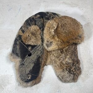 Crown Cap Winnipeg Canada Camo Aviator Trapper Hat Sz 2XL Rabbit Fur